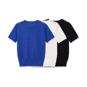 เสื้อสเวตเตอร์แขนสั้นผู้หญิง คอกลม ผ้าถักเรียบง่าย สไตล์มินิมอล 18 GG อะคริลิก ป้องกันขนร่วง ใส่ได้ทุกฤดู - Product Image 1