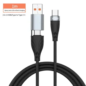 Cable USB 2 en 1 de 100W, Cable de datos de carga rápida USB-C tipo C a USB-C tipo C, 1m (negro)