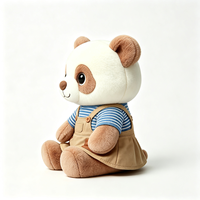 Peluche Panda Marron Vintage Personnalisée Adorable avec Chemise à Carreaux Bleus et Rayures Kaki, Jouet en Peluche Panda Doux et Moelleux