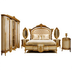 Turkish Style High-Back Royal Bed with 4-Door <b>Wardrobe</b> Royal Palace Style Hand Carved Bedroom Furniture Set with King Bed Set UK - Product Image 1