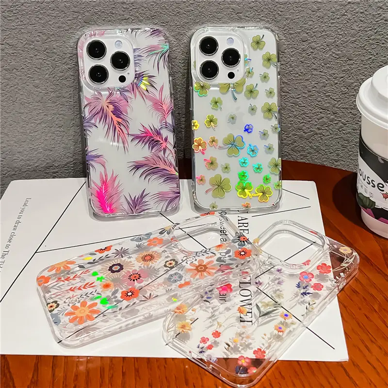 Nuevo estuche de impresión de doble capa de viento fresco Xiaoqing con patrón de flores acrílicas para iPhone 15 pro Max 11 14 12 13