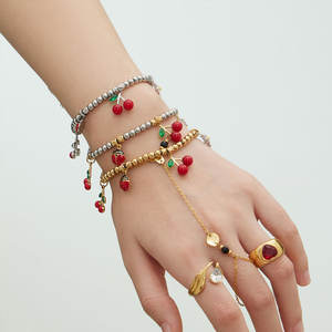 Bracelet et jonc imperméables en acier inoxydable 316L, plaqués or 14K 18K, avec perles cerises et breloques pour femmes - Product Image 4