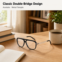 Monture de lunettes optiques unisexe en acétate style pilote à double pont avec branches métalliques pour usage quotidien