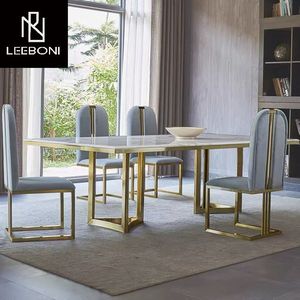 Phổ Biến Nhất Đồ Nội Thất Vàng Thép Không Gỉ Sang Trọng Hiện Đại 6 Chỗ Ngồi Hình Chữ Nhật Thiết Kế Bằng Đá Cẩm Thạch Bàn Ăn - Product Image 3