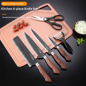 Set di 6 coltelli da cucina per uso domestico in acciaio inossidabile con motivo martellato, coltello da chef, forbici e manico in legno - Commercio estero - Product Image 1