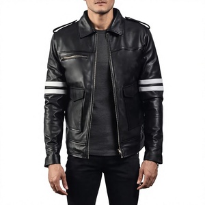Men's <b>Black</b> Genuine Leather Heated Moto <b>Jacket</b> with Epaulet and Zipper Closure Regular Fit Mandarin Collar Winter Front Logo - Product Image 1