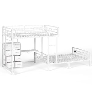 Lit superposé moderne entièrement métallique avec 8 tiroirs, bureau d'étude, étagères de rangement, tringle à vêtements et port USB – Robuste pour dortoir/appartement - Product Image 3