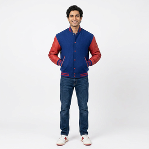 <b>Mens</b> Blue Varsity <b>Jacket</b> with Red Sleeves Stand Collar Front Logo Classic Letterman <b>Baseball</b> Style Coat - Product Image 1
