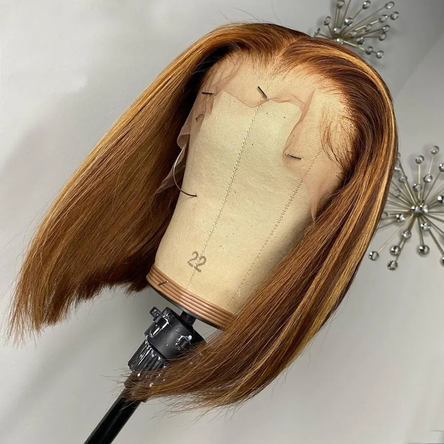 Ombre Highlight Wig 13x4 HD Transparent Lace Front Straight Ombre Bob Wig Ombre Brown Honey Blonde Short Bob Lace Front Wig