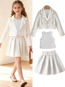 Set da bambina <span class=keywords><strong>a</strong></span> tre pezzi bianco <span class=keywords><strong>a</strong></span> quadretti con giacca corta, gilet e gonna. - Product Image 3