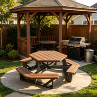 Table de pique-nique moderne en bois à lattes avec trou pour parasol, structure en acier galvanisé, sièges pour restaurant, terrasse et café