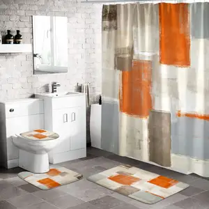 4件橙色浴帘套装，带地毯，用于浴室装饰