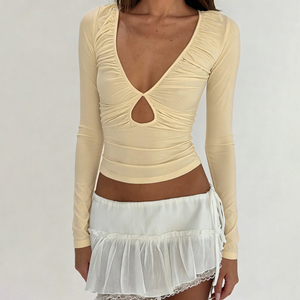Camiseta de manga larga con cuello en V, corte sencillo y sexy, para mujer, estilo informal, ajustada, para otoño temprano - Product Image 1