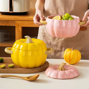 Pot à soupe en céramique moderne et créatif, design élégant, grand bol à nouilles en forme d'escargot, pot à soupe en forme de citrouille à double anse, couvercle au design créatif - Product Image 2