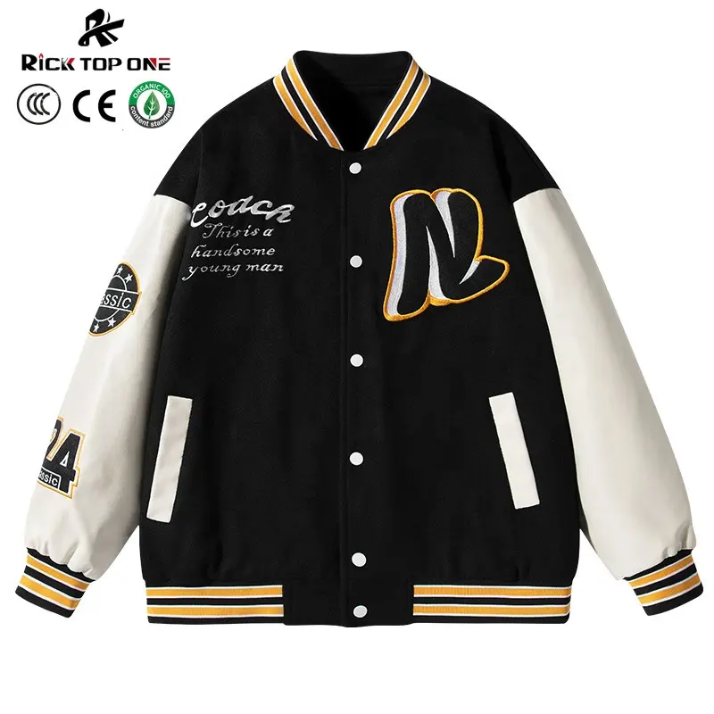 Ruike Tùy Chỉnh Thiết Kế Chenille Các Bản Vá Lỗi Varsity Áo Khoác Baggy Mens Bóng Chày Áo Khoác Bên Sọc Letterman Áo Khoác