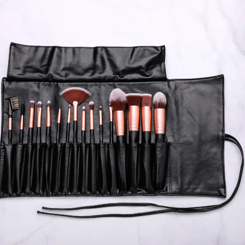No Logo 16 pcs makeup brush kit Professional Wholesale blush foundation liquid Makeup Brushes with bag fluted wooden handle