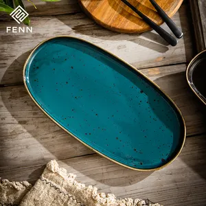 Deep Blue Color Spray Glaze European Dishware Hotel Catering Customize Shape Ceramic Salad Steak Fish Serving Plate