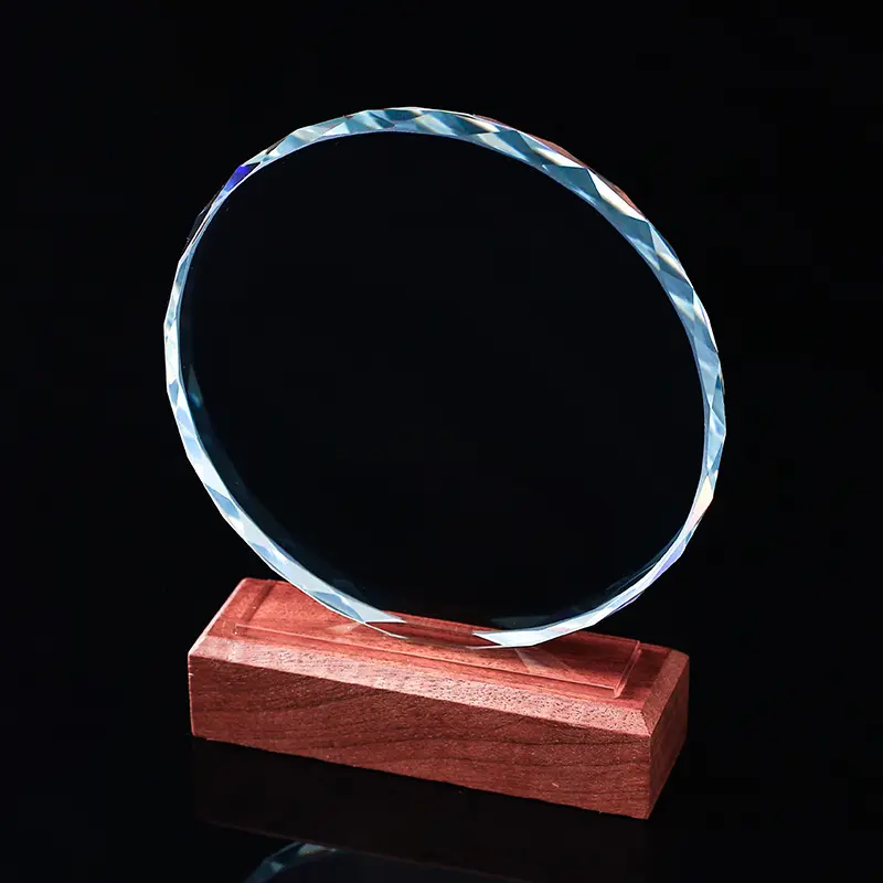 Trofeo de cristal circular en blanco, con base de madera, MH-NJ0149