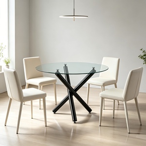Modern Round Dining <b>Table</b> Tempered Glass Tabletop Black Metal Pedestal Glass Dining Room Furniture - Product Image 2
