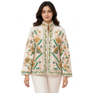 Chaqueta Bomber de Algodón Hecha a Mano de Primera Calidad, Bordado Floral a Mano, Obra Maestra para Mujer, Manga Larga, Bolsillos Laterales, Invierno - Product Image 1
