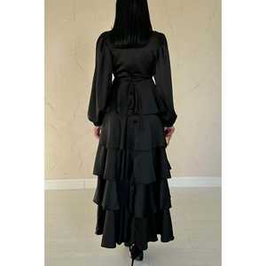 Vestido de Noche Largo de Satén Negro con Volantes para Mujer, Estilo Romántico de Fiesta, Corte A, Cintura Imperio, Venta al por Mayor - Product Image 2