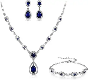 Parure de bijoux de mariée personnalisée de luxe 10 carats avec 2Ct Tear Drop Cut Sapphire White Diamond Parure de bijoux de mariage pour femme