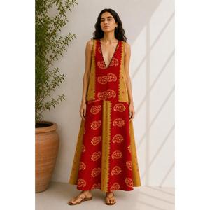 Vintage Kantha <b>Loose</b> V Neckline Sleeveless Beachwear <b>Dress</b> for Women - Product Image 1