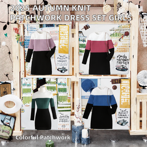 Nouvelle Robe Tricotée à Col Roulé et Manches Longues avec Patchwork Coupe Trapèze pour Filles et Adolescentes, Collection Automne Hiver 2025, Modèle 812, Ensemble 2 Pièces avec Chapeau - Product Image 2
