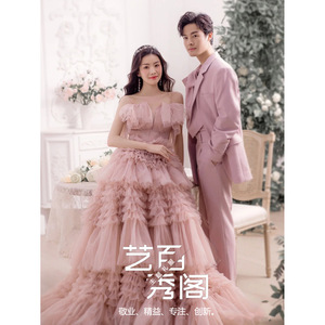 Artistic Bridal Gown Lotus Root Pink Halter Ball Gown Natural Waistline Folds Wedding Dress - Product Image 2