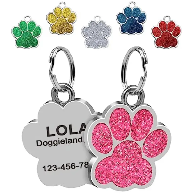 Cá nhân hoá tùy chỉnh kim loại khắc logo long lanh Mặt dây chuyền Paw in tùy chỉnh Pet ID Tên Dog Tag