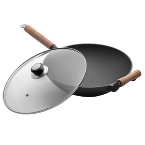 <span class=keywords><strong>Wok</strong></span>-sartén de hierro fundido presazonado, fondo redondo, chino, con mango de madera y tapa - Product Image 2