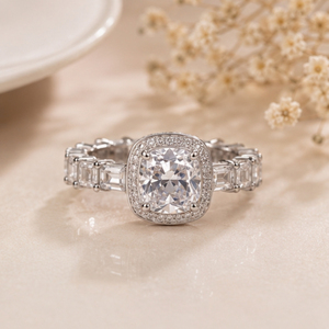925 Sterling Silver <b>Cushion</b> Cut Solitaire Halo Ring <b>Emerald</b> Cut Cubic Zirconia Eternity Band Statement Engagement Ring for Women - Product Image 4