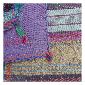 Vintage Sari Brocade Kantha Quilt Wholesale Stripe Hand Embroidered <b>Blanket</b> - Product Image 1