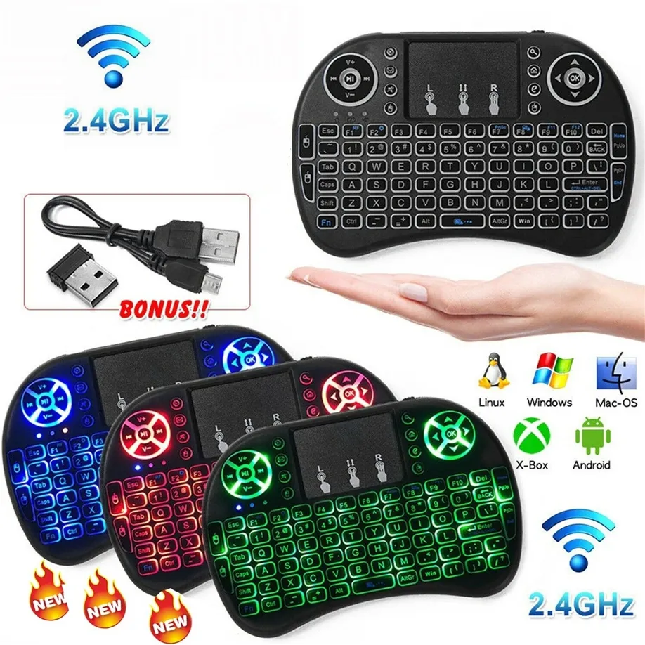Keyboard nirkabel Mini x i8, papan ketik nirkabel Mini dengan Touchpad dan lampu latar LED, dengan penerima USB 2.4G untuk restoberi, TV Box, Android, PC