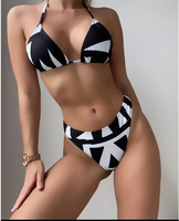Ensemble 3 pièces de bikini européen et américain à manches longues en maille respirante, taille haute imprimée avec cordon de serrage et effet gainant