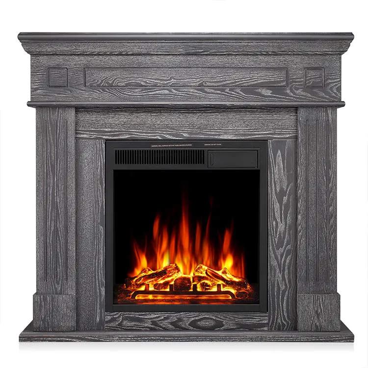 Afstandsbediening Indoor Houtnerf Grijze Hoge Schoorsteenmantel Houten Surround Firebox Elektrische Open Haard