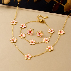 Japanese Korean Style Pink Floral Jewelry <b>Set</b> Gold Plated Peach Blossom Women's Fashion Necklace <b>Bracelet</b> Earrings Gift <b>Set</b> - Product Image 1