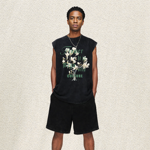 Chaleco Oversize Lavado para Hombre con Estampado de Flor de Magnolia Blanca y Fuente Gótica, Almacén de EE. UU., Venta al por Mayor, Estilo Urbano Elegante - Product Image 3