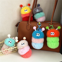 Porte-clés peluche chenille, breloque insecte moelleuse avec pompon, mignonne et multicolore, pour sac, avec mousqueton, cadeau