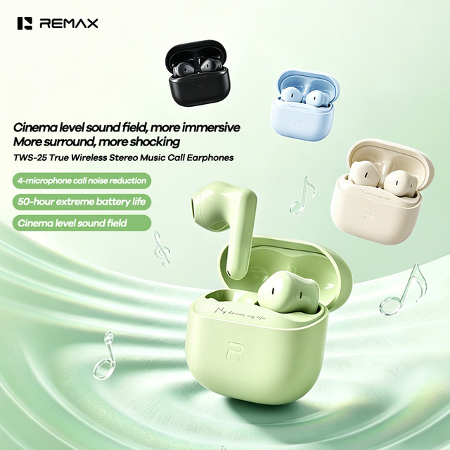 REMAX TWS-25 Wireless Earbuds Bt 6.0 720° Spatial Audio 4 Mic HD Call 12mm 50H Playtime Dual Device Half In-Ear Earphones