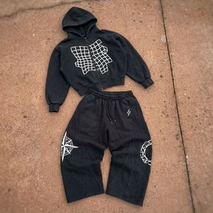 Men's Vintage Garment Dyed Tracksuit 2 Piece Streetwear Set Washed Zip up <strong>Joggers</strong> With Custom Print <strong>Hoodie</strong> <strong>and</strong> Pants Set Men - Product Image 1