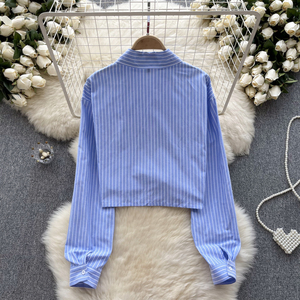 Camisa de Mujer de Manga Larga con Rayas, Estilo Lujoso y Ligero, con Detalle de Encaje y Corte Recortado a la Moda - Product Image 5
