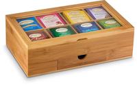 Boîte de rangement pour thé en bambou recyclable, couvercle à fenêtre transparente à charnières avec tiroir, organisateur de sachets de thé à 8 compartiments, coffret cadeau