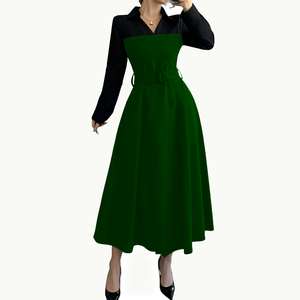 Robe de bureau élégante pour femmes avec col rabattu et boutons tendance, robe <span class=keywords><strong>longue</strong></span> à manches longues avec ceinture, couleur contrastée - Product Image 5