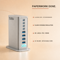 Chargeur GaN 8 ports 520W, station USB C de bureau, 4C PD100W 4A QC30W, écran intelligent, charge rapide pour ordinateur portable, CE RoHS