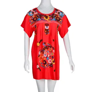 墨西哥刺绣女装连衣裙花卉设计红欢乐裙子复古服饰ST0159休闲连衣裙大码短袖