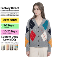 100% Kaschmir Argyle V-Ausschnitt Weicher Winter Casual Knopf-Cardigan für Damen im Old Money Stil