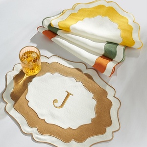 <b>Linen</b>/Cotton <b>Linen</b> <b>Cloth</b> Napkins Monogram Custom <b>Linen</b> Scalloped Napkins Color-blocking Handmade Embroidered <b>Table</b> Placemat - Product Image 1