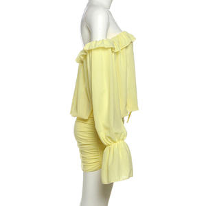 GX25722 moda donna Street Wear moda unico Off spalle manica lunga <span class=keywords><strong>giallo</strong></span> vedo attraverso abiti eleganti Mini abito Sexy - Product Image 4