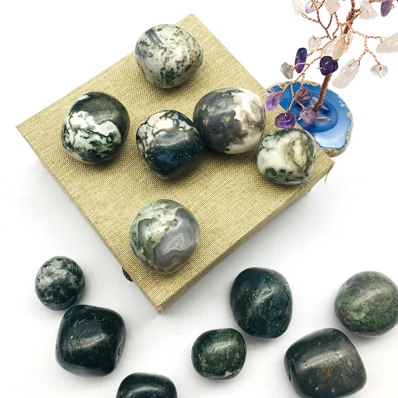 Wholesale Natural moss agate tumbles polished green crystal gemstone for decoration and sale